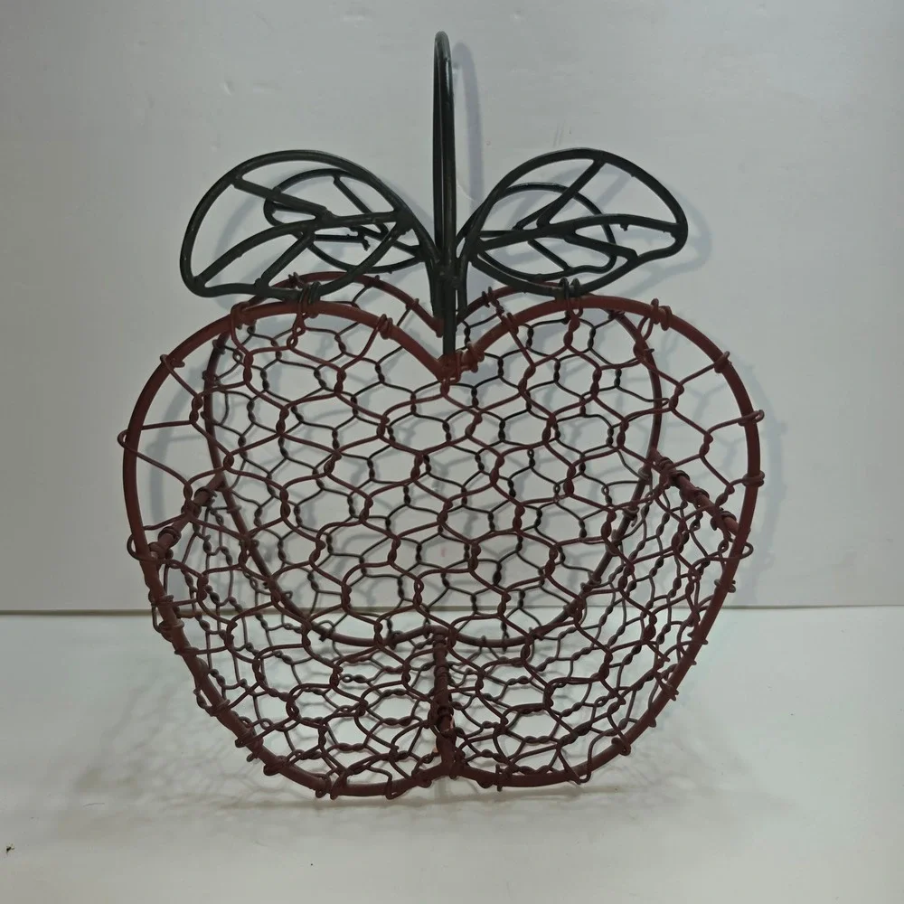 Rustic Apple Shaped Wire Fruit Basket Red Chicken Wire Farmhouse Decor Handle